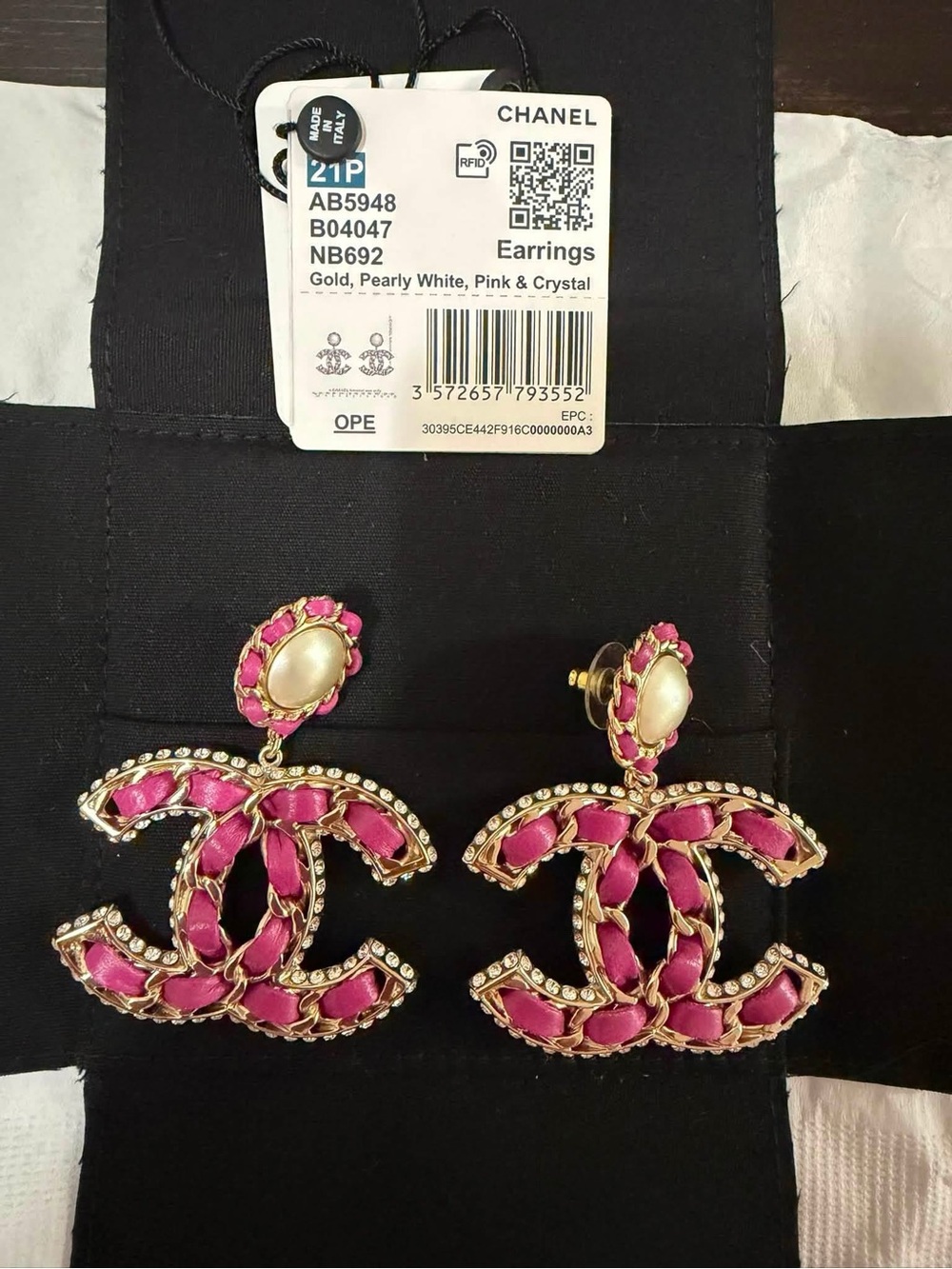 CHANEL Gold CC Drop Earrings with Pink Ribbon & Pearly White Cabochons